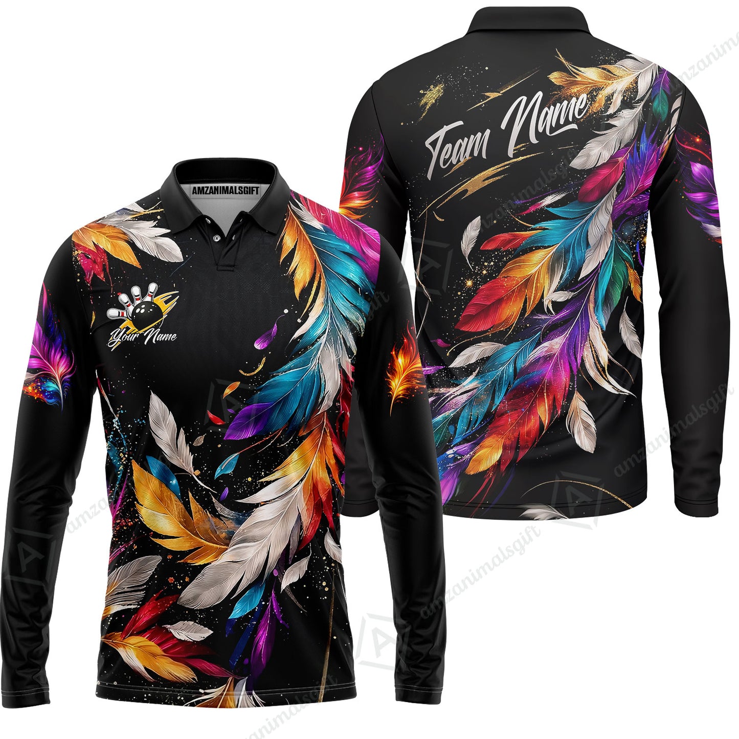Custom Bowling Jersey Polo Shirt, Colorful Feather Bowling, Custom Bowling Jersey Team Shirt For Players With Name & Team Name