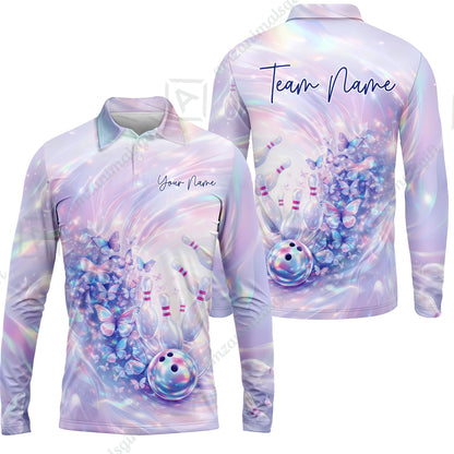 Custom Bowling Jersey Polo Shirt, Butterfly Holographic Bowling, Custom Bowling Jersey Team Shirt For Players With Name and Team Name
