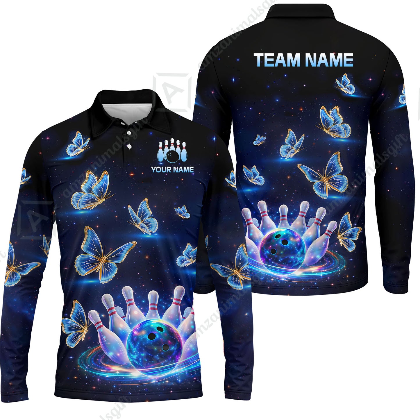 Custom Bowling Jersey Polo Shirt, Bowling Butterfly Galaxy Neon Light, Personalized Name And Team Name