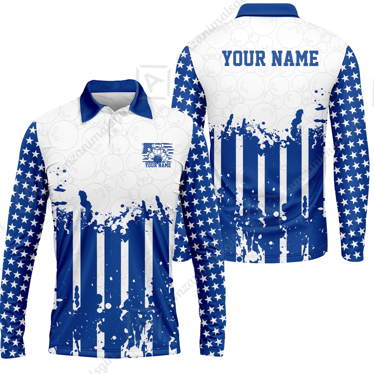 Custom Bowling Jersey Polo Shirt, Distressed Stars and Stripes Grunge, Custom Bowling Jersey Team Shirt For Players With Name and Team Name