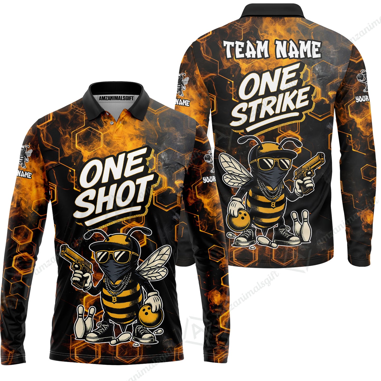 Customized Bowling Unisex Polo Shirt, One Shot HipHop Bee Bowling, Bowling Uniform - Personalized Name And Team Name