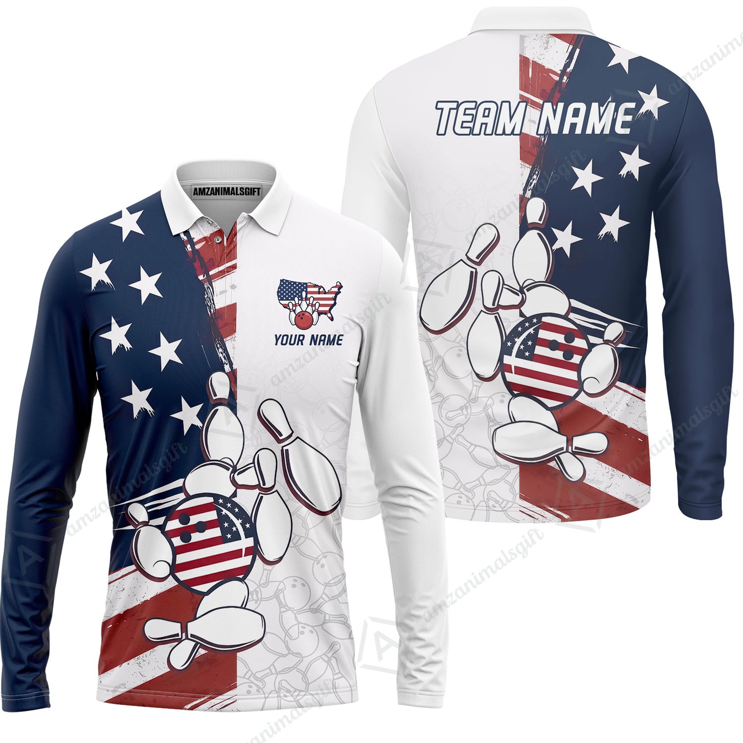 Custom Bowling Jersey Polo Shirt, USA Flag Bowling Ball Custom Bowling Jersey Team Shirt For Players With Name & Team Name
