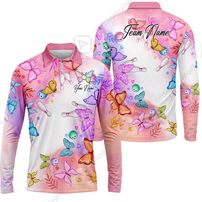 Custom Bowling Jersey Polo Shirt, Whimsical Butterfly Watercolor, Custom Bowling Jersey Team Shirt For Players With Name and Team Name
