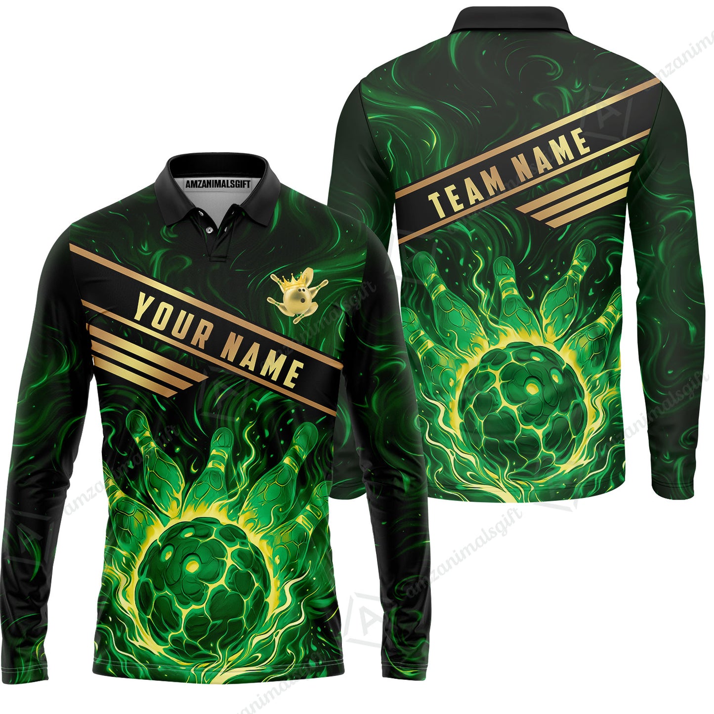 Custom Bowling Polo Shirt, Glowing Bowling Ball and Pins Custom Bowling Polo Team Shirt For Players With Name & Team Name