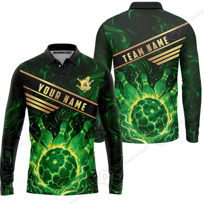 Custom Bowling Polo Shirt, Glowing Bowling Ball and Pins Custom Bowling Polo Team Shirt For Players With Name & Team Name