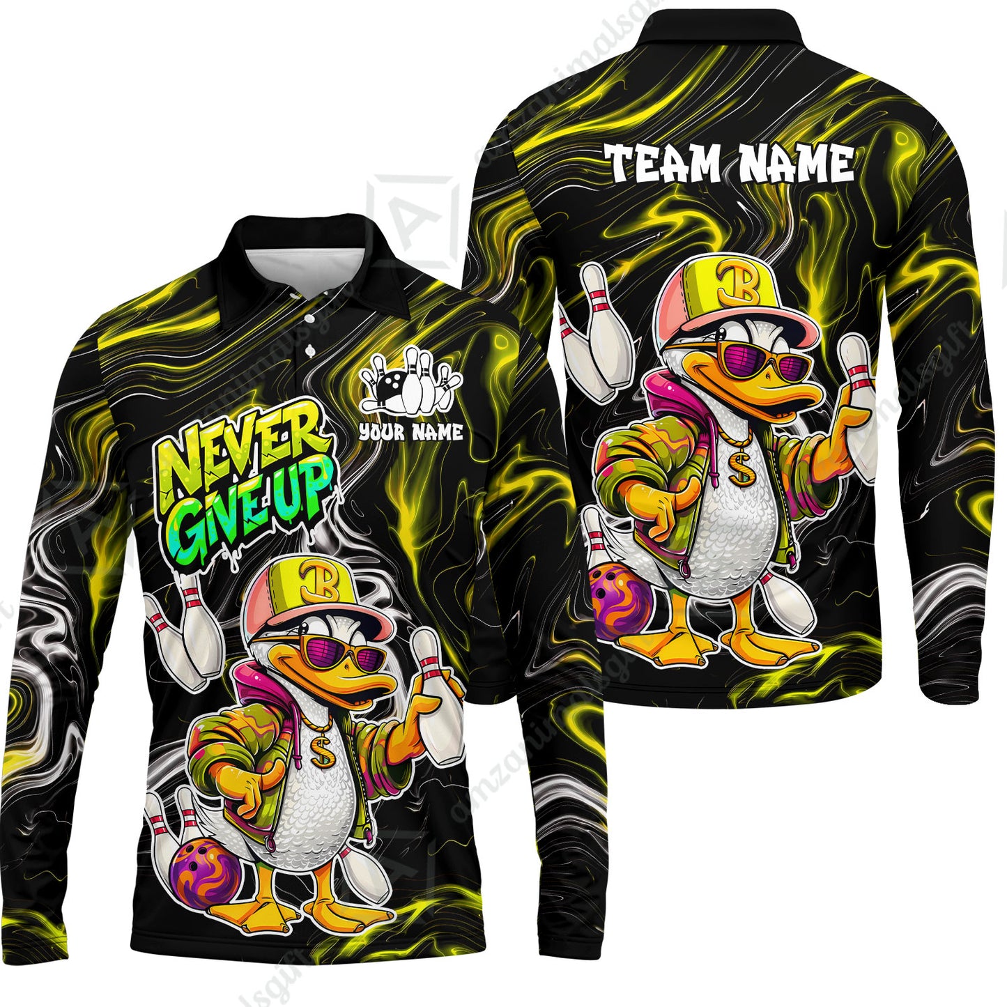 Custom Bowling Jersey Polo Shirt, Duck Never Give Up, Custom Bowling Jersey Team Shirt For Players With Name & Team Name