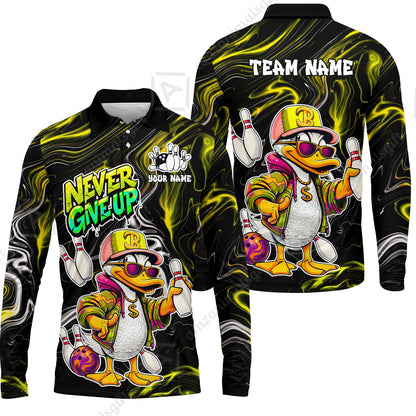 Custom Bowling Jersey Polo Shirt, Duck Never Give Up, Custom Bowling Jersey Team Shirt For Players With Name & Team Name