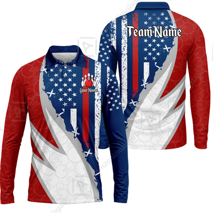 Custom Bowling Jersey Polo Shirt, Thin Red Line With Vintage Distressed American Flag, Personalize Name and Team Name