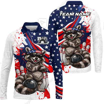 Custom Bowling Jersey Polo Shirt, Patriotic Cool Raccoon Mascot, Custom Bowling Jersey Team Shirt For Players With Name and Team Name