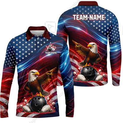 Custom Bowling Jersey Polo Shirt, Eagle Bowling Flag America Thunder Wave, Custom Bowling Jersey Team Shirt For Players With Name and Team Name