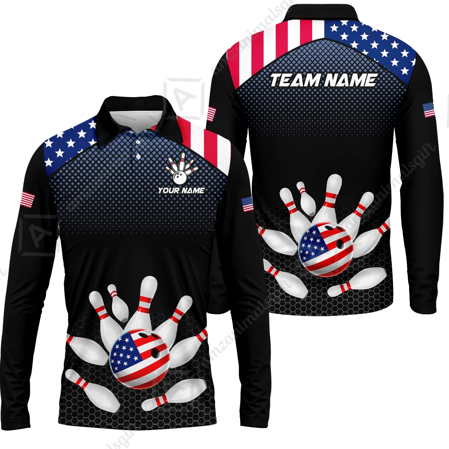 Custom Bowling Jersey Polo Shirt, Patriotic USA Flag Stars Stripes Tech Hexagon Pattern, Custom Bowling Jersey Team Shirt For Players With Name & Team Name