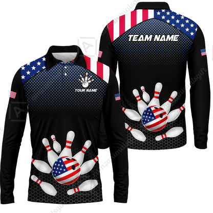 Custom Bowling Jersey Polo Shirt, Patriotic USA Flag Stars Stripes Tech Hexagon Pattern, Custom Bowling Jersey Team Shirt For Players With Name & Team Name