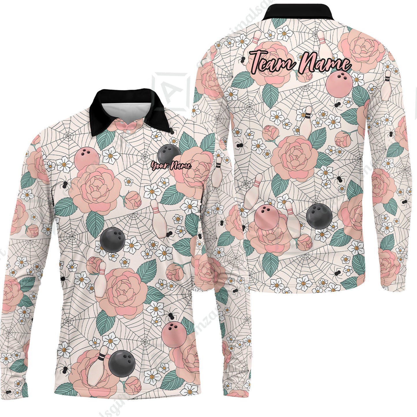 Custom Bowling Jersey Polo Shirt, Spider Flower Pattern Bowling, Personalized Name And Team Name
