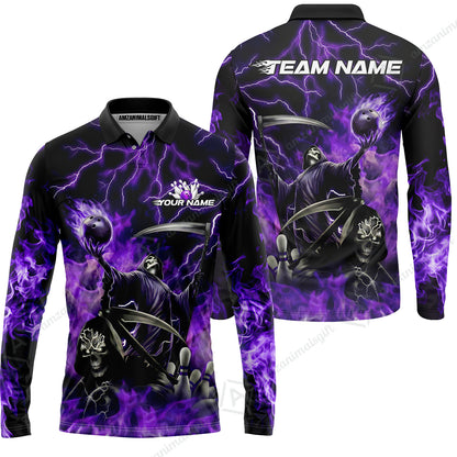 Custom Bowling Team Quarter-Zip Polo Shirt, Grim Reaper Skull With Flame Bowling Lightning Design for Bowlers, Personalized Shirt with Name and Team Name