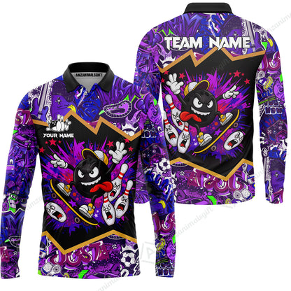 Customized Bowling Unisex Polo Shirt, Skater Bowling Ball Attack, Bowling Uniform, Personalized Name And Team Name