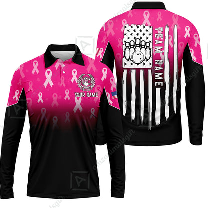 Custom Bowling Jersey Polo Shirt, Ribbon Breast Cancer Awareness Flag, Custom Bowling Jersey Team Shirt For Players With Name and Team Name