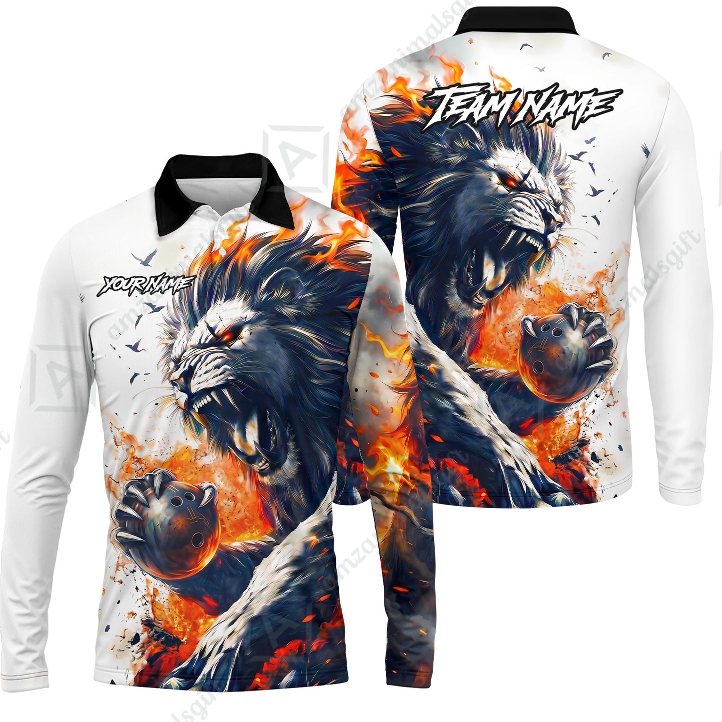 Custom Bowling Jersey Polo Shirt, Lion Fire Lava, Personalized Name And Team Name