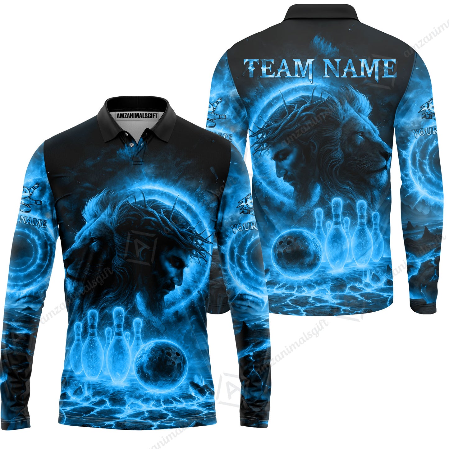 Custom Bowling Team Short Sleeve Men Polo Shirt, Flame The Lion OF Judah With Bowling, Custom Name and Team Name for Bowlers