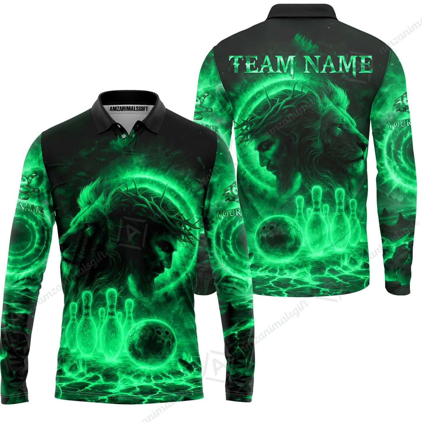 Custom Bowling Team Short Sleeve Men Polo Shirt, Flame The Lion OF Judah With Bowling, Custom Name and Team Name for Bowlers