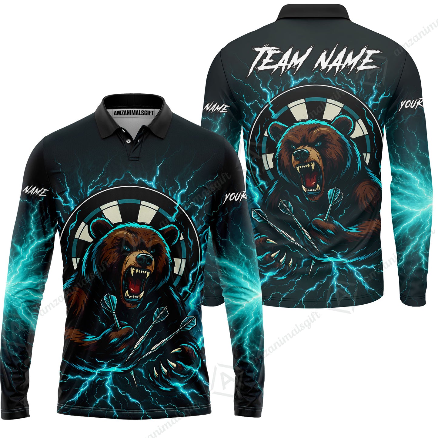 Custom Darts Team Long Sleeve Polo Shirt, Personalized Bear Thunder Lightning Darts Shirt with Name & Team Name