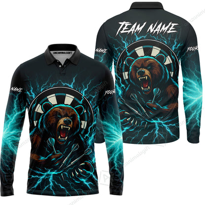 Custom Darts Team Long Sleeve Polo Shirt, Personalized Bear Thunder Lightning Darts Shirt with Name & Team Name