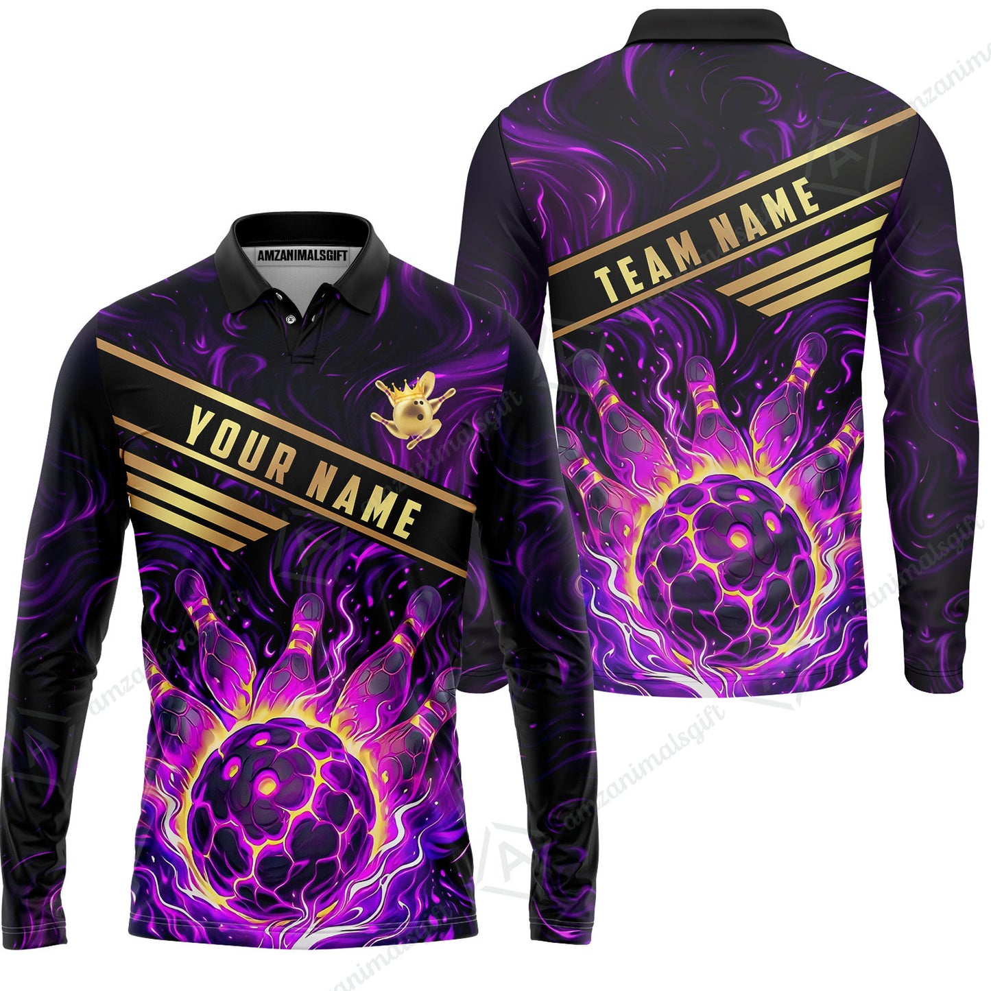 Custom Bowling Polo Shirt, Glowing Bowling Ball and Pins Custom Bowling Polo Team Shirt For Players With Name & Team Name