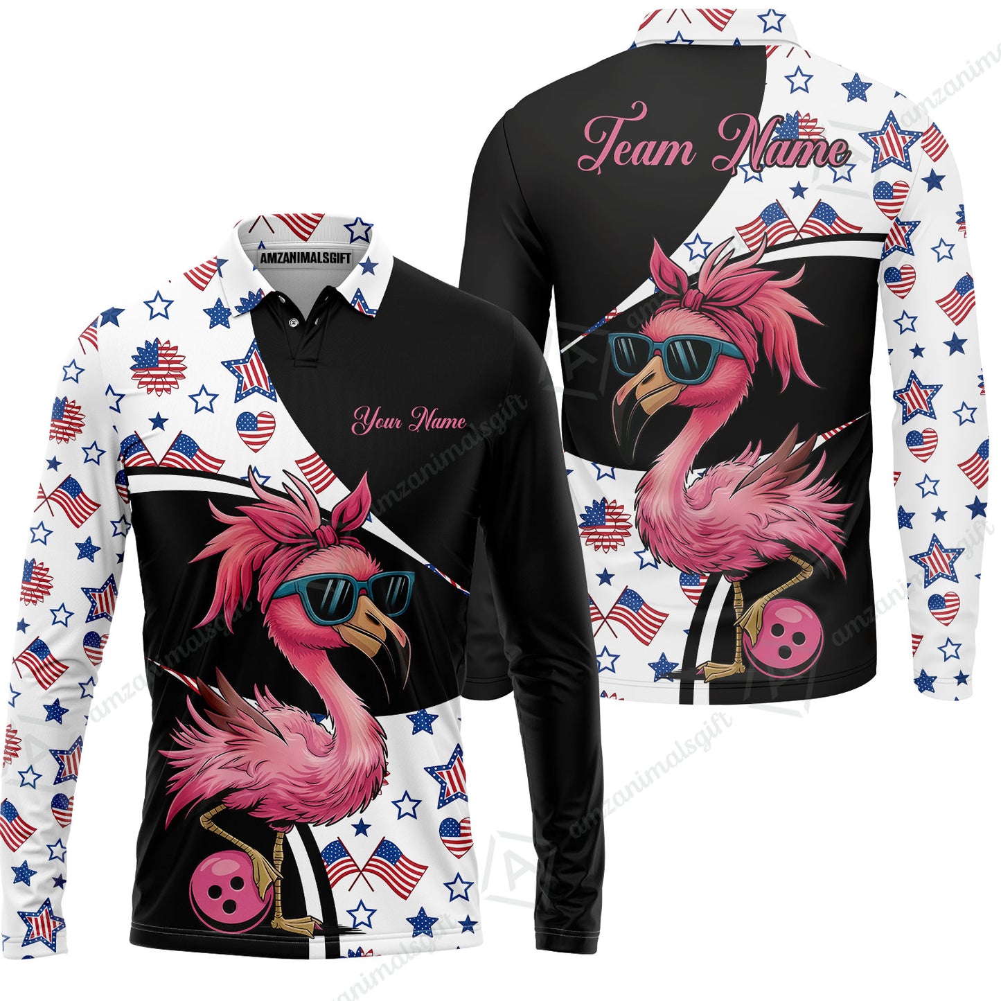 Custom Flamingo America Flag Bowling Jersey Polo Shirt, Custom Flamingo America Flag Bowling Jersey Team Shirt For Players With Name & Team Name