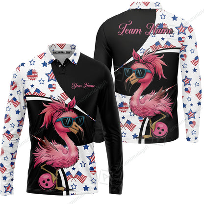 Custom Flamingo America Flag Bowling Jersey Polo Shirt, Custom Flamingo America Flag Bowling Jersey Team Shirt For Players With Name & Team Name