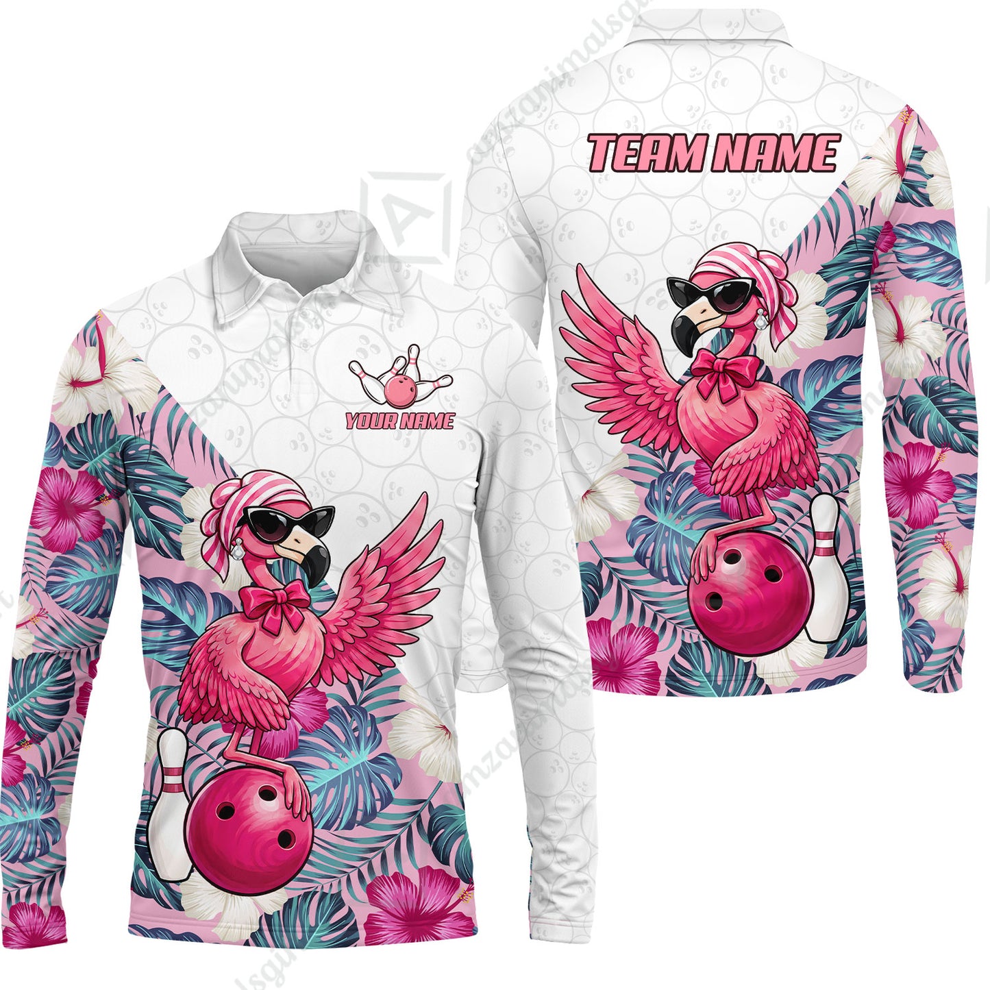 Custom Bowling Jersey Polo Shirt, Flamingo Bowling Floral Seamless Pattern With Leaves Tropical Background Pro Vector