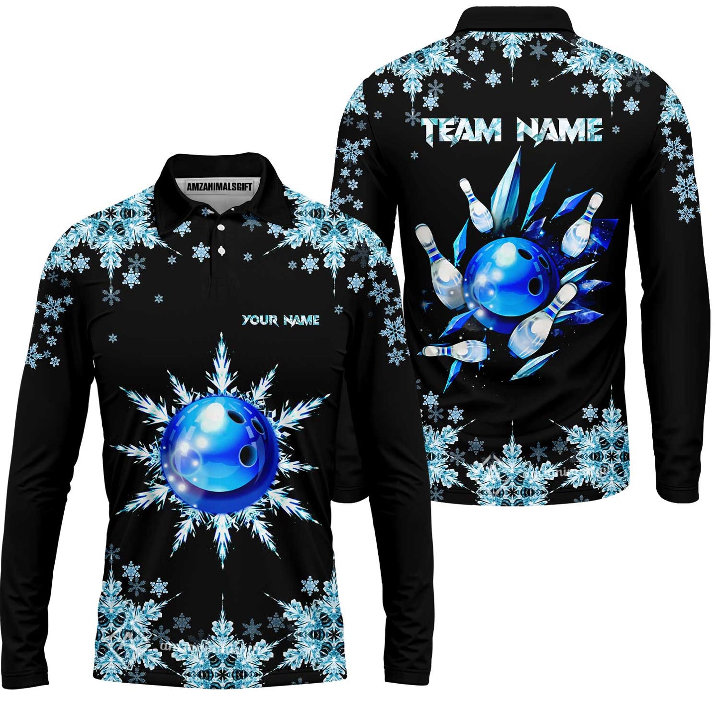 Snowflake Ice Custom Bowling Team Jerseys Polo Shirts, Christmas Ice Bowling uniforms - Bowling Polo Personalized Name And Team Name