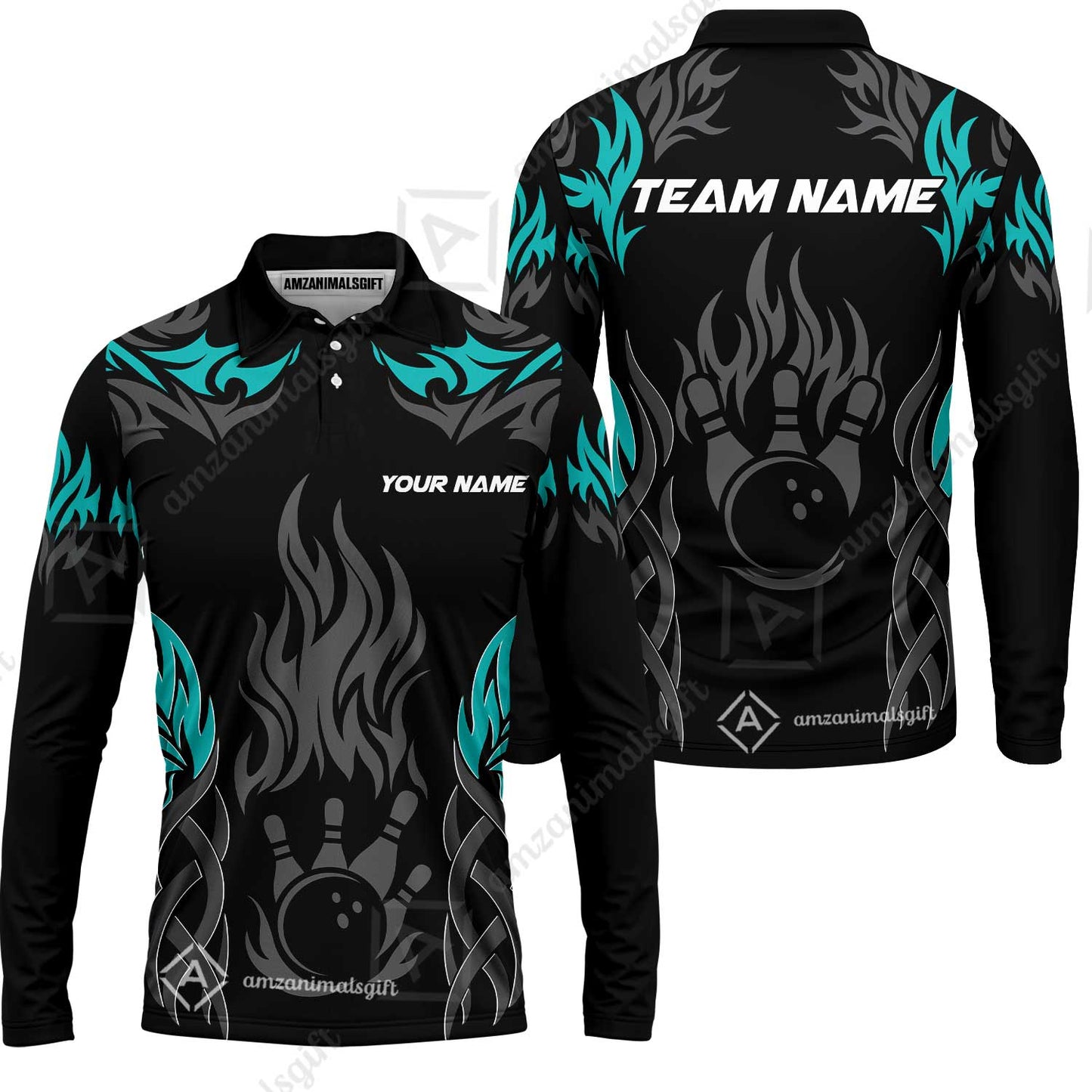 Personalized Bowling Team Long Sleeve Polo Shirt , Tribal And Bowling Flame Multi Option Customized Shirt - Black
