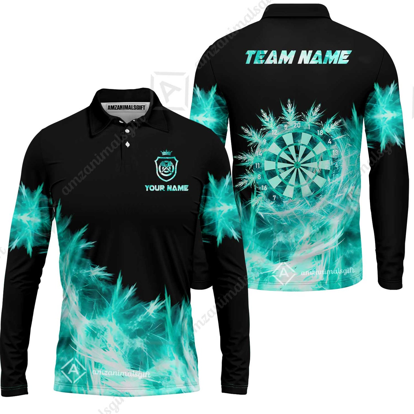 Customized Darts Long Sleeve Polo Shirt, Darts Icy Light Black And Multi Color Team Long Sleeve Polo Shirt Jersey For Darts Player