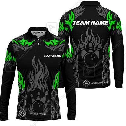 Personalized Bowling Team Long Sleeve Polo Shirt , Tribal And Bowling Flame Multi Option Customized Shirt - Black