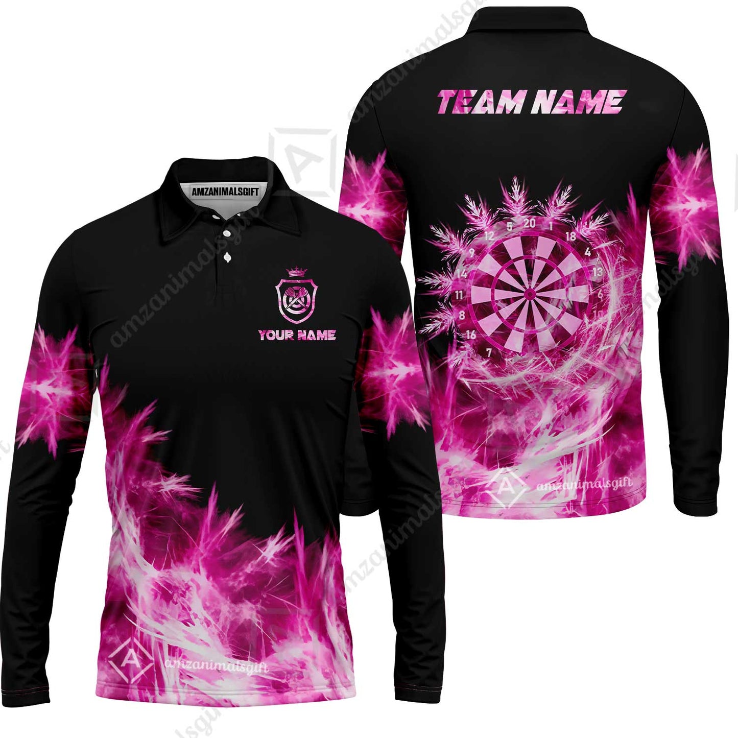 Customized Darts Long Sleeve Polo Shirt, Darts Icy Light Black And Multi Color Team Long Sleeve Polo Shirt Jersey For Darts Player