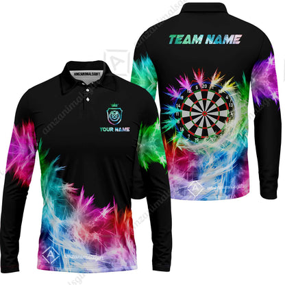 Customized Darts Long Sleeve Polo Shirt, Darts Icy Light Black And Multi Color Team Long Sleeve Polo Shirt Jersey For Darts Player