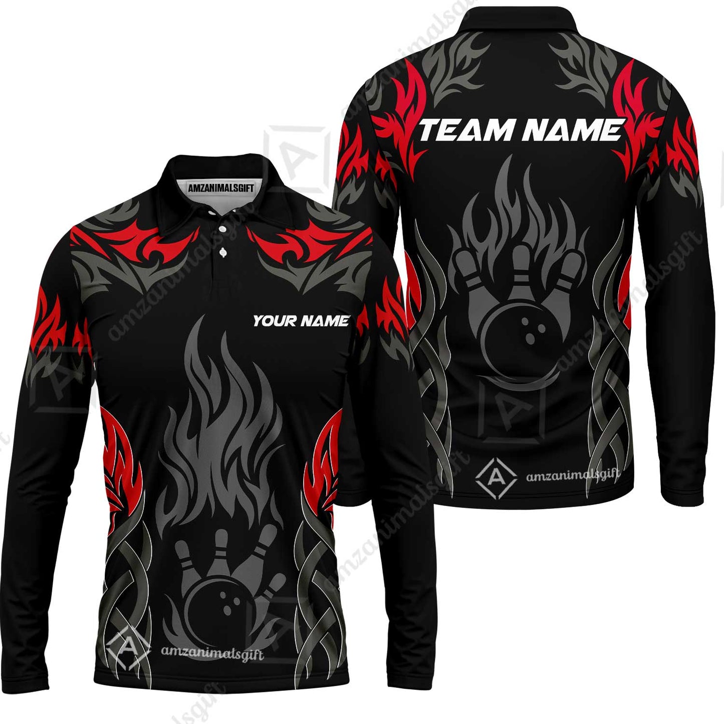 Personalized Bowling Team Long Sleeve Polo Shirt , Tribal And Bowling Flame Multi Option Customized Shirt - Black