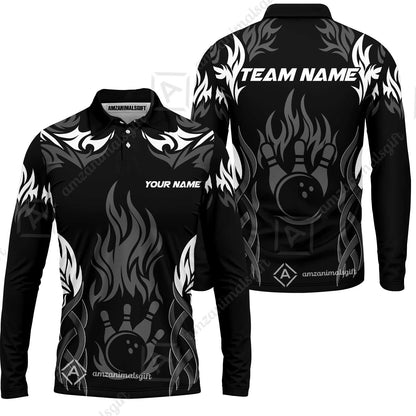 Personalized Bowling Team Long Sleeve Polo Shirt , Tribal And Bowling Flame Multi Option Customized Shirt - Black
