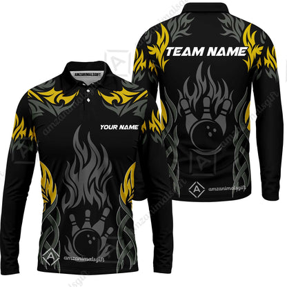 Personalized Bowling Team Long Sleeve Polo Shirt , Tribal And Bowling Flame Multi Option Customized Shirt - Black