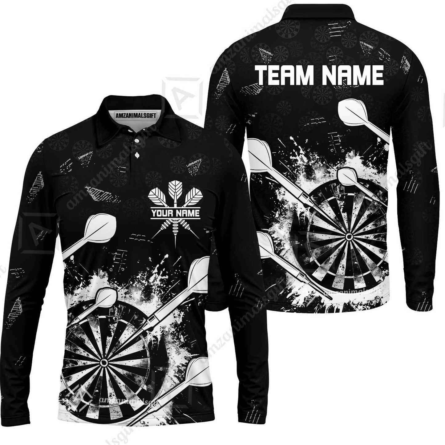 Customized Darts Long Sleeve Polo Shirt, Darts Grunge Dartboard Long Sleeve Polo Shirt Team Style Jersey for Darts Players