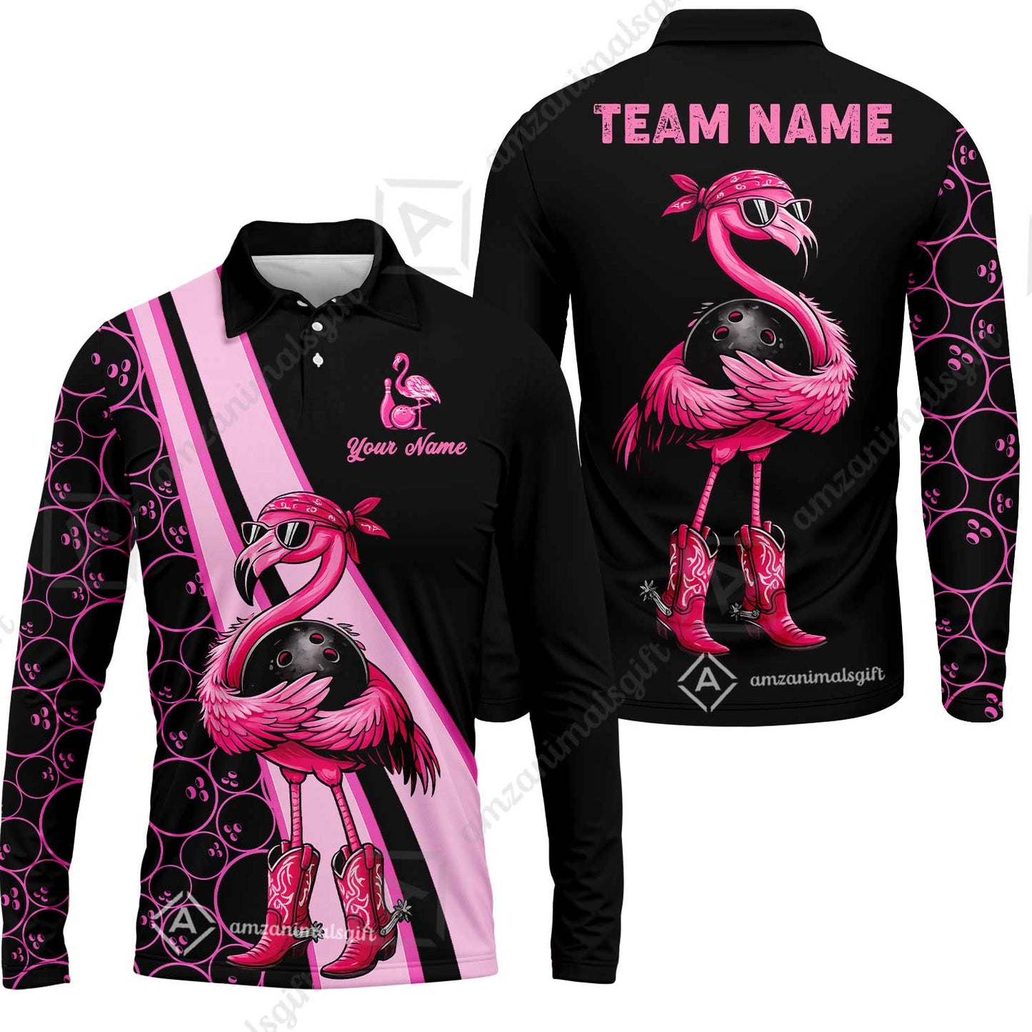 Custom Bowling Jersey Polo Shirt, Cowgirl Flamingo Bowling Custom Bowling Jersey Team Shirt For Players With Name & Team Name