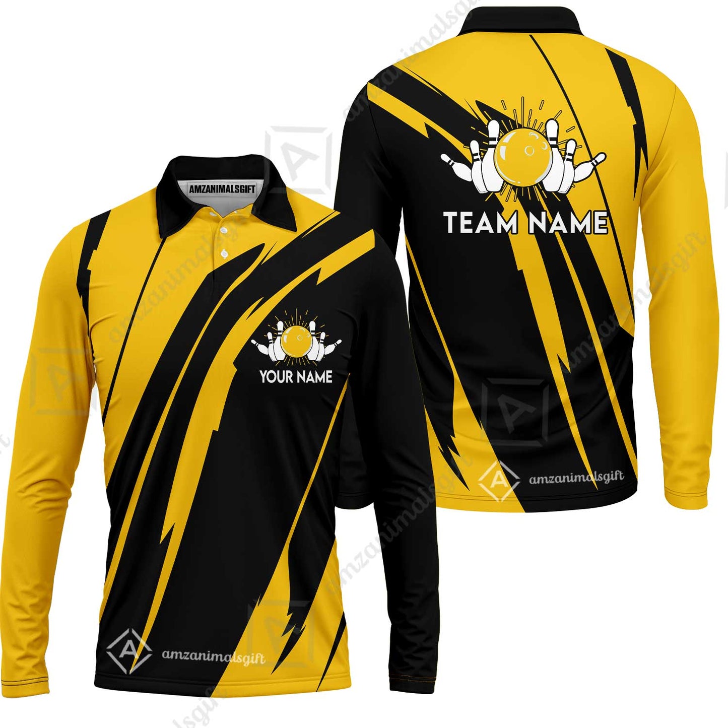 Custom Bowling Team Jerseys Polo Shirts, Ocean Blue Yellow Bowling uniforms, Custom Bowling Shirts With Personalized Name And Team Name