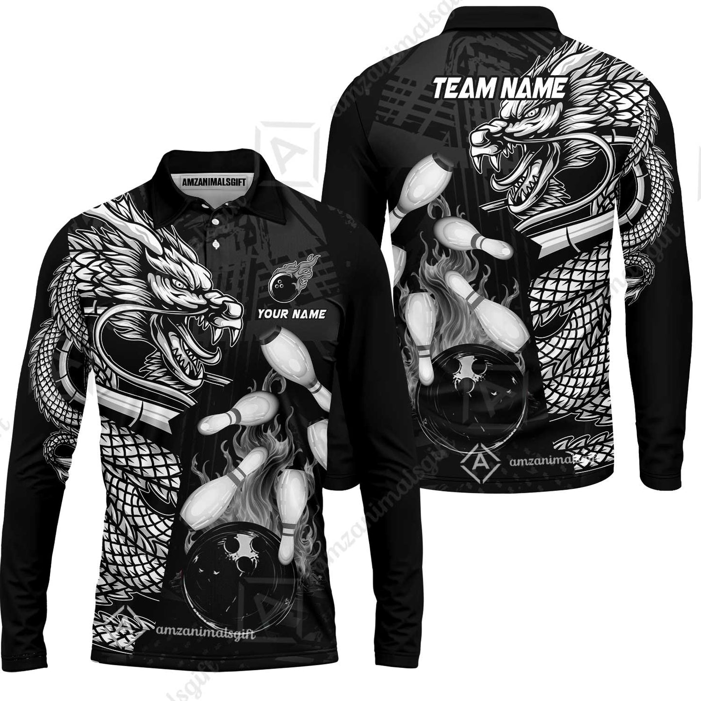 Custom Bowling Team Jerseys Polo Shirts, Bowling uniforms Bowling & Pins Dragon Flame Fire Multicolor Options Personalized Name And Team Name