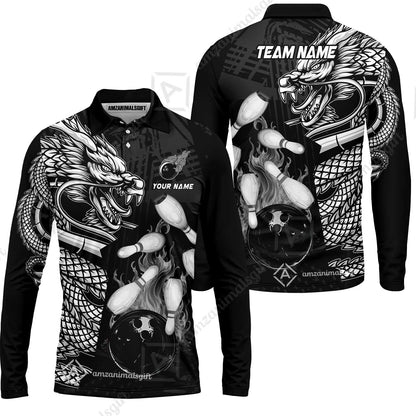 Custom Bowling Team Jerseys Polo Shirts, Bowling uniforms Bowling & Pins Dragon Flame Fire Multicolor Options Personalized Name And Team Name