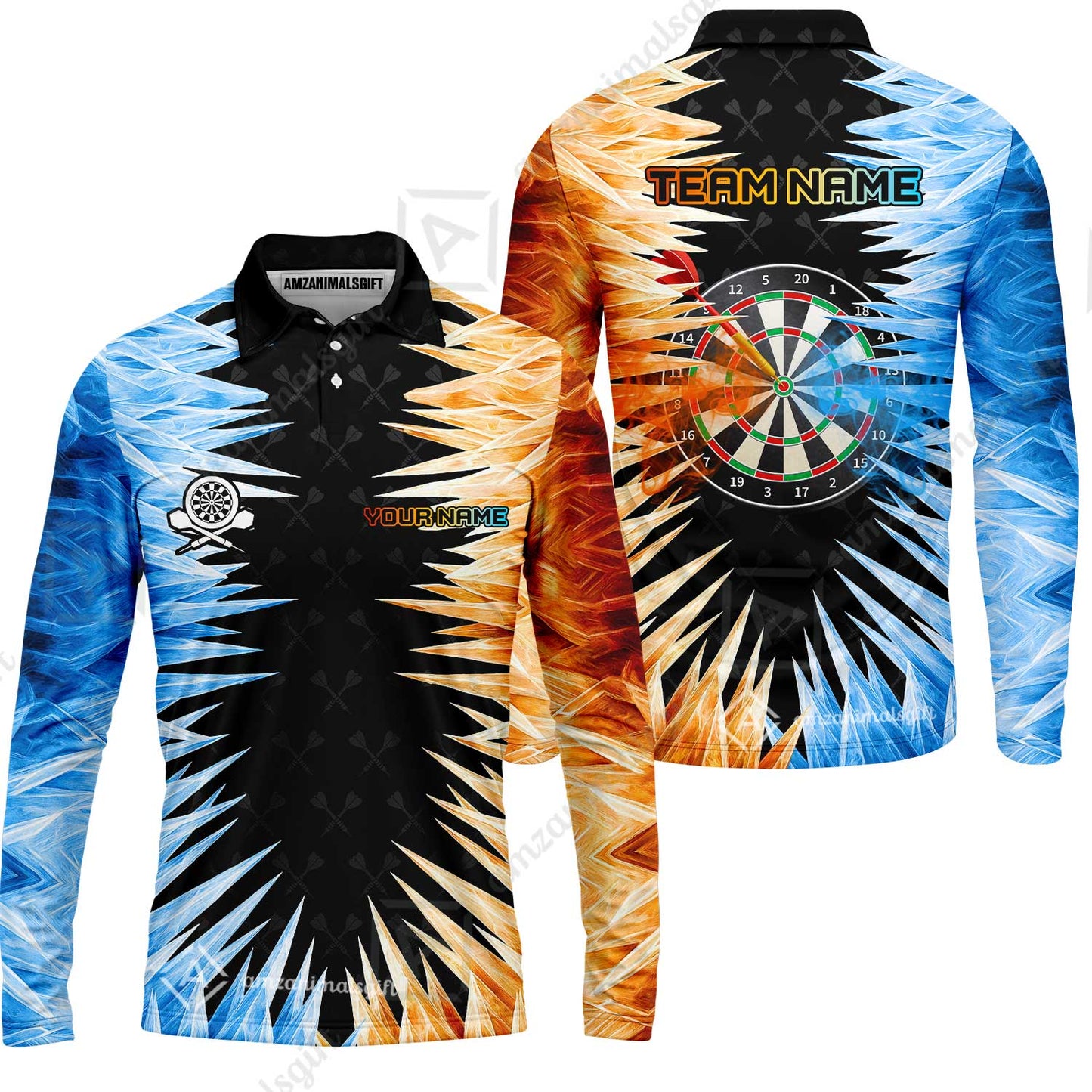 Customized Darts Long Sleeve Polo Shirt, Darts Dartboard Ice And Fire Multicolor Custom Darts Long Sleeve Polo Shirt Team Jersey For Darts Players