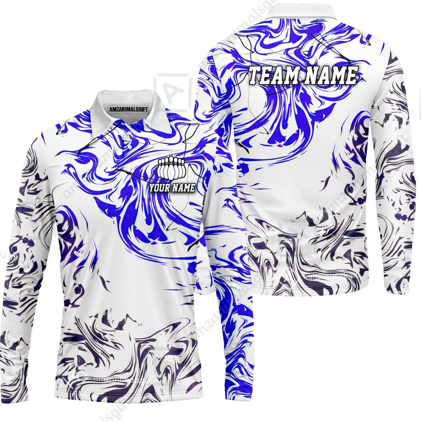 Customized Bowling Unisex Polo Shirt, Velocity Wave Marble Swirl Pattern Bowling, Personalized Name Team Name For Bowlers