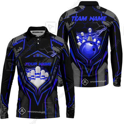 Customized Bowling Jersey, Bowling And Pins Abstract Grunge Texture X Multicolor Option Customized Name And Team Name Zipper Polo Jerseys Shirts