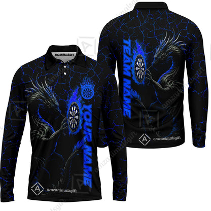 Customized Darts Long Sleeve Polo Shirt, Big Dragon Dartboard Flame Darts Team Style Long Sleeve Polo Shirt for Players, Jersey for Darts Players