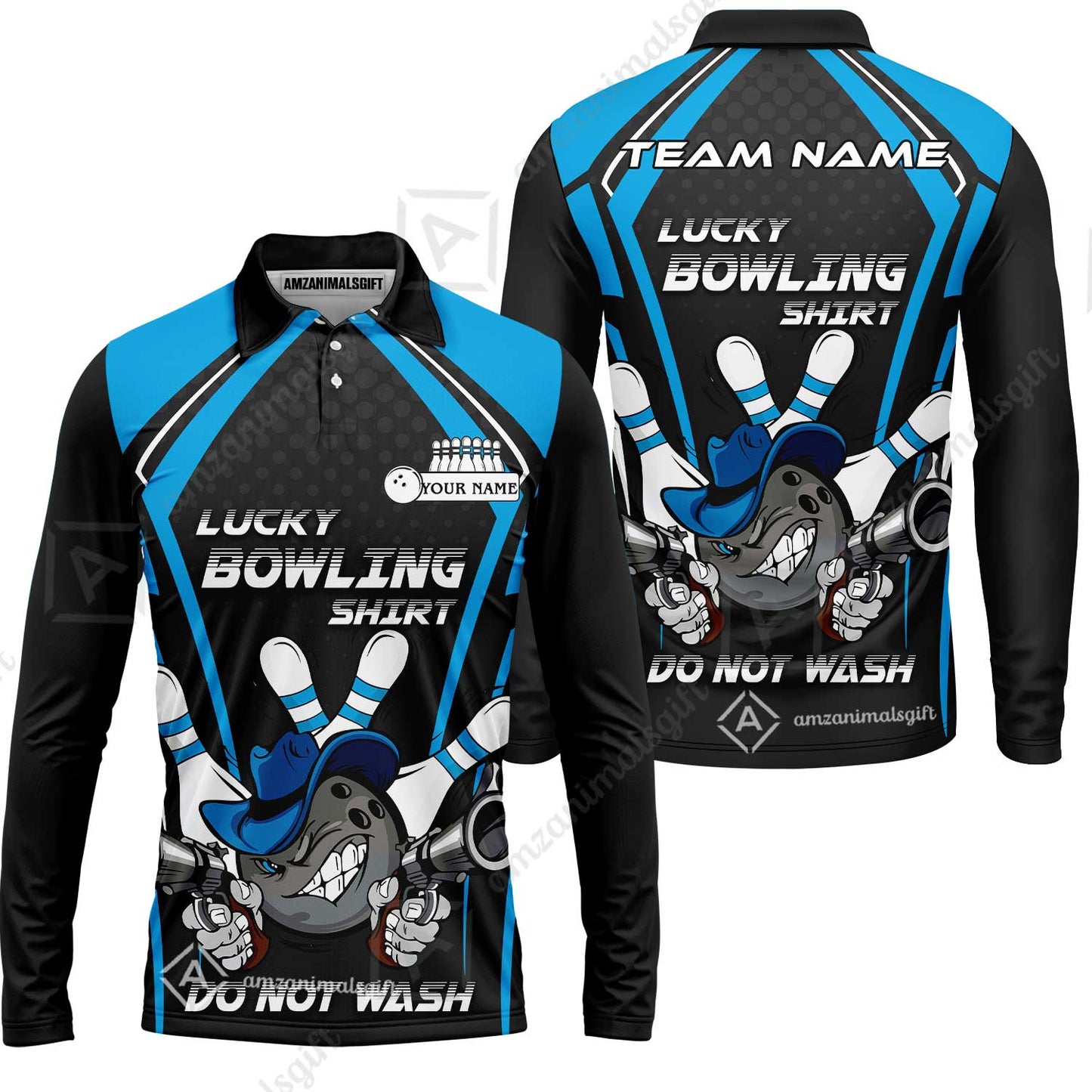 Customized Bowling Team Long Sleeve Polo Shirt, Lucky Bowling Shirt Do Not Wash Bowling Ball Aiming Guns, Personalized Name Bowling Shirt