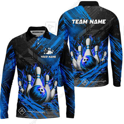 Custom Bowling Team Quarter-Zip Polo Shirt, Personalized Flame Bowling Jersey with Name & Team Name for Men & Women
