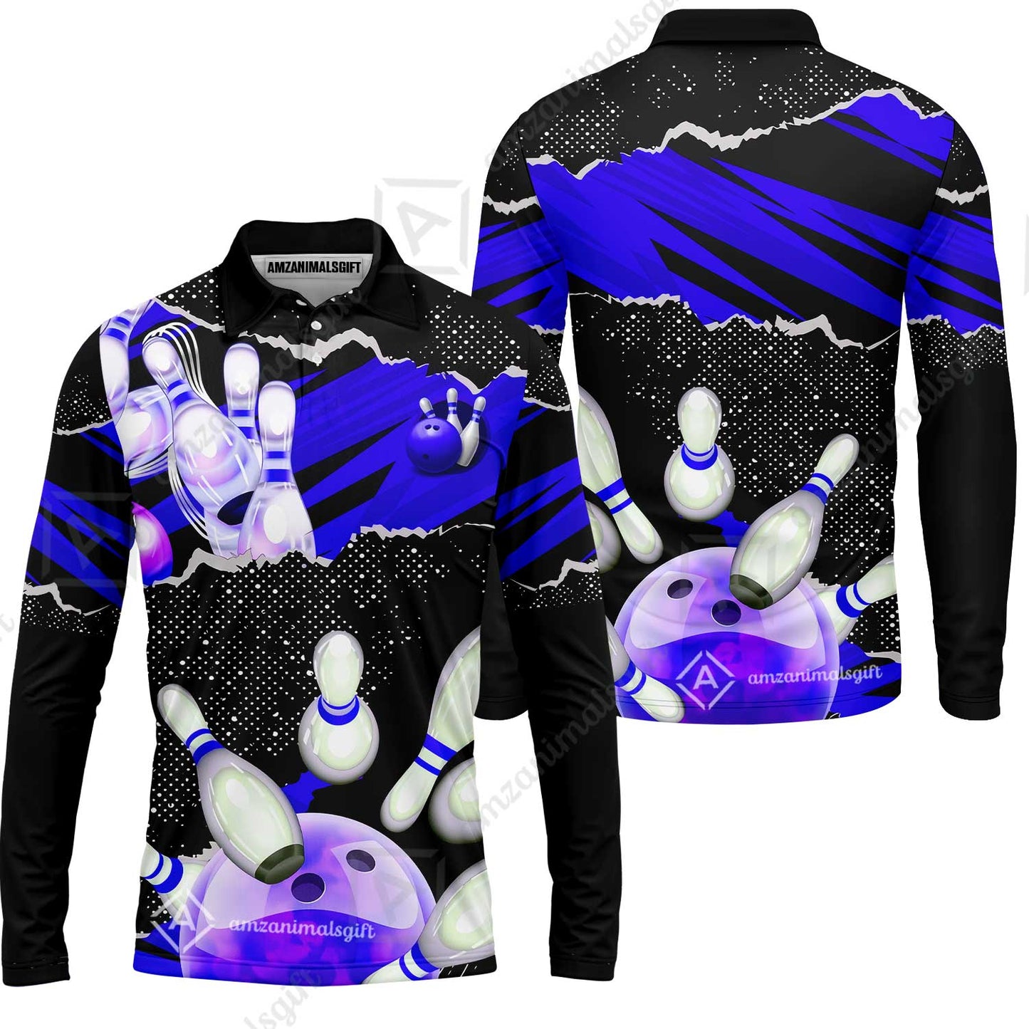 Personalized Bowling Team Long Sleeve Polo Shirt, Bowling Uniforms Ball & Pins Sport Pattern Custom Name And Team Name